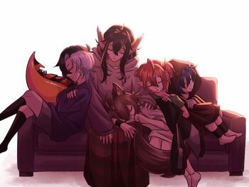 5girls ahoge alternate_costume animal_ears black_hair black_shirt black_socks blue_hair brown_hair closed_eyes couch dog_ears dog_girl dog_tail earrings fuyo_cloverfield green_shirt hair_intakes highres hood hoodie huge_ahoge chromashift jewelry juna_unagi kaptainkirk kneehighs long_skirt multicolored_hair multiple_girls no_shoes off_shoulder on_couch orange_hair pochi_wanmaru pointy_ears rin_penrose shirt short_hair shorts simple_background skirt sleeping sleeping_on_person socks striped_clothes striped_thighhighs tail thighhighs virtual_youtuber white_background white_hair yuko_yurei