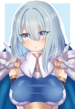 1girl absurdres blue_eyes blue_hair blush breasts dreizehn_(shadowverse) eyes_visible_through_hair female_focus hair_over_eyes highres kusarigama_sshimi medium_breasts nipples no_bra see-through_clothes shadowverse shadowverse:_worlds_beyond short_hair simple_background solo sweat sweatdrop