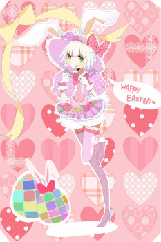 1girl animal_ears bow dancer disney disneyland easter easter_egg easter_wonderland egg end_bunny_(disney) flower frills gloves hair_flower hair_ornament hat highres pantyhose rabbit_ears rinn0043 short_hair smile solo thighhighs top_hat white_hair