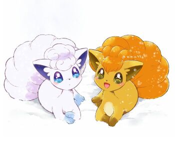 Rule 34 | aimi (aimia492), alolan form, alolan vulpix, animal focus, blue eyes, blush, commentary request, fox, gen 1 pokemon, gen 7 pokemon, lying, nintendo, no humans, open mouth, pokemon, pokemon (creature), pokemon focus, solo, vulpix, white background