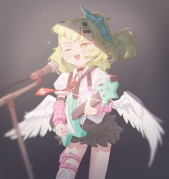 Rule 34 | 1girl, absurdres, arm warmers, bag, black background, blush, commentary request, earrings, fur-trimmed skirt, fur trim, green eyes, green hair, guitar, hair ornament, highres, holding, holding guitar, holding instrument, instrument, jewelry, leg warmers, looking at viewer, memoriaev, microphone, multiple hair clips, musical note earrings, necktie, one eye closed, open mouth, pink arm warmers, pink bag, pink leg warmers, red necktie, shirt, simple background, skirt, solo, standing, striped arm warmers, sunna (zenless zone zero), sweat, sweatdrop, teeth, tongue, upper teeth only, white shirt, white wings, winged bag, wings, zenless zone zero