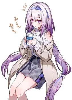 Rule 34 | 1girl, animal print, belt, bow, bright pupils, butterfly print, castorice (honkai: star rail), castorice (luckin coffee) (honkai: star rail), clothing cutout, commentary request, cup, disposable coffee cup, disposable cup, headband, highres, holding, honkai: star rail, honkai (series), long hair, low-tied long hair, multicolored hair, off shoulder, official alternate costume, parted lips, pointy ears, purple eyes, purple hair, shoulder cutout, sitting, skirt, streaked hair, t@ke-g, turtleneck, very long hair, white background