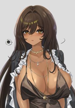Rule 34 | 1girl, absurdres, blush, breasts, brown dress, brown hair, cleavage, coat, coat on shoulders, commentary request, cosplay, dark-skinned female, dark skin, dress, full cleavage, goddess of victory: nikke, highres, jewelry, large breasts, long hair, mrs. miss (nikke), mrs. miss (nikke) (cosplay), necklace, noir (nikke), plunging neckline, pout, simple background, sunameri (pixiv3564245)