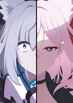 2girls absurdres animal_ear_fluff animal_ears aqua_scarf black_choker blue_archive choker commentary contrast cross_hair_ornament dual_persona expressionless facing_another grey_hair gun hair_ornament highres holding holding_gun holding_weapon multiple_girls polar_opposites portrait reia_76 scarf shiroko_(blue_archive) shiroko_terror_(blue_archive) split_screen split_theme weapon wide-eyed wolf_ears