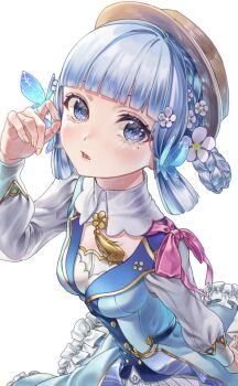 Rule 34 | 1girl, ayaka (genshin impact), blue dress, blue eyes, blue hair, blunt bangs, blunt tresses, braid, brown hat, butterfly hair ornament, butterfly ring, commentary request, dress, flower, genshin impact, hair flower, hair ornament, hat, highres, holding, kamisato ayaka, kamisato ayaka (springbloom missive), long sleeves, looking at viewer, mole, mole under eye, official alternate costume, official alternate hairstyle, rearea 7777, solo