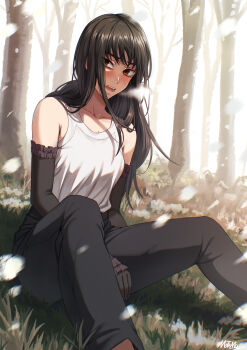1girl absurdres black_gloves black_hair black_pants breasts brown_eyes chainsaw_man elbow_gloves gloves hair_between_eyes highres long_hair looking_at_viewer matomo medium_breasts mitaka_asa open_mouth pants shirt sitting sleeveless solo tank_top white_shirt white_tank_top