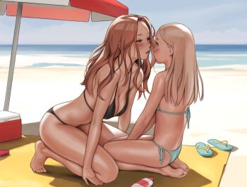 2girls age_difference bad_id bad_pixiv_id barefoot beach beach_umbrella bikini black_bikini blush breasts cloud cooler eye_contact flip-flops highres i0525 imminent_kiss loli looking_at_another medium_breasts multiple_girls ocean onee-loli original outdoors parted_bangs sandals seiza side-tie_bikini_bottom sitting sky suntan_lotion swimsuit umbrella yuri