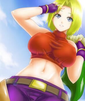 1girl blonde_hair blue_eyes blue_mary breasts curvy female_focus holding huge_breasts jacket kof:_maximum_impact large_breasts nipples okyochan okyou outdoors pale_skin pants see-through_clothes shirt skin_tight tank_top the_king_of_fighters thick_thighs thighs tight_clothes tight_shirt undressing wide_hips