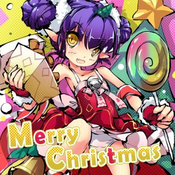 1girl bare_shoulders bell blush box candy character_request christmas christmas_tree clothes_lift collarbone commentary_request cowboy_shot double_bun dress dress_lift fang fingerless_gloves flat_chest food fur-trimmed_gloves fur_trim gloves hair_between_eyes hair_bun himegami_kagura holding holding_box holding_food leg_up loli lollipop looking_at_viewer merry_christmas ms06s official_art panties pointy_ears purple_hair red_dress red_gloves short_dress sidelocks sleeveless sleeveless_dress smile solo star_(symbol) teeth underwear white_panties