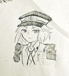 Rule 34 | 1other, androgynous, badge, blunt bangs, closed mouth, collared shirt, commentary, cropped torso, expressionless, fujiwara no shirogane no sanra, furrowed brow, greyscale, hat, ion (alkalion18), len&#039;en, looking at viewer, military hat, military uniform, monochrome, necktie, other focus, parted bangs, shirt, short hair, sketch, solo, uniform, v-neck, vest, wing print, yin yang, yin yang print