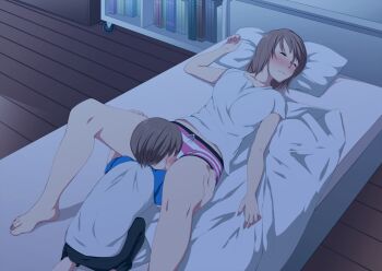 1boy 1girl barefoot bed bed_sheet blush breasts brother_and_sister brown_hair closed_eyes cunnilingus cunnilingus_through_clothes feet hetero highres incest kemuri_haku large_breasts legs licking lying oral panties pillow short_hair shota siblings striped_clothes striped_panties teenage_girl_and_younger_boy thighs toes underwear