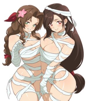 2girls absurdres aerith_gainsborough bandaged_arm bandaged_chest bandaged_hand bandaged_leg bandaged_torso bandages bare_shoulders blush braid braided_ponytail breasts brown_hair claw_pose closed_mouth cowboy_shot earrings final_fantasy final_fantasy_vii flower green_eyes hair_flower hair_ornament hair_ribbon halloween_costume highres jewelry large_breasts long_hair looking_at_viewer low-tied_long_hair midriff multiple_girls mummy_costume navel parted_bangs parted_lips pink_flower red_eyes red_ribbon revealing_clothes ribbon sidelocks simple_background single_braid skindentation smile sparkle thighs tifa_lockhart transparent_background vizaz