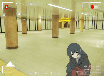 1girl backrooms_(creepypasta) black_hair black_jacket black_leggings blue_eyes blunt_bangs ceiling_light cowboy_shot drawstring empty_eyes fixed-point_camera full_body head_tilt highres hime_cut hood hooded_jacket hoodie indoors jacket leggings liminal_space long_hair long_sleeves looking_at_viewer multicolored_jacket nijisanji no_nose official_alternate_costume open_mouth pillar recording red_jacket reflection shirt sidelocks smile solo squatting stairs standing tile_floor tiles tsukino_mito tsukino_mito_(sporty) turtleneck two-tone_jacket variant_set viewfinder virtual_youtuber white_shirt yanagi_(mimimikuri)