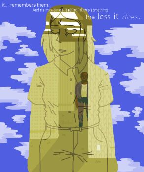 1boy 1girl absurdres backrooms_(2026_film) backrooms_(creepypasta) black_hair blue_jacket blue_pants blue_sky ceiling_light clark_(backrooms) cloud cowboy_shot dark-skinned_male dark_skin english_text facial_hair full_body highres jacket looking_to_the_side mary_kline medium_hair open_mouth otrebot pants shirt short_sleeves sidelocks sky standing wallpaper_(object) white_shirt