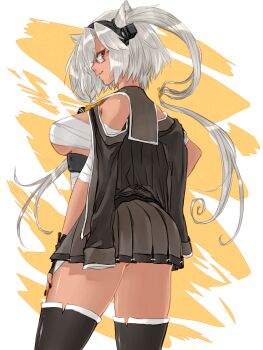 Rule 34 | 1girl, bandaged arm, bandages, black gloves, black nails, black thighhighs, breasts, budget sarashi, chest sarashi, commentary request, dark-skinned female, dark skin, from side, glasses, gloves, grey hair, headgear, highres, kagaya jirou, kantai collection, large breasts, long hair, musashi (kancolle), nail polish, partially fingerless gloves, pleated skirt, red eyes, sarashi, simple background, skirt, solo, thighhighs, thighs