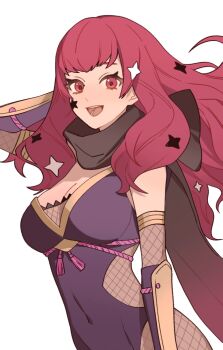 1girl absurdres arm_guards black_scarf bodystocking breasts cleavage covered_navel dr_metagross facial_mark fire_emblem fire_emblem_engage fire_emblem_heroes fishnet_bodystocking fishnets hair_ornament hashtag-only_commentary highres japanese_clothes long_hair looking_at_viewer medium_breasts ninja nintendo official_alternate_costume open_mouth red_eyes red_hair scarf shuriken_hair_ornament simple_background smile solo star_(symbol) star_facial_mark star_hair_ornament upper_body white_background yunaka_(stealthy_imitator)_(fire_emblem)