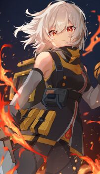 1girl ammunition_pouch backpack bag bandana bandana_around_neck bare_shoulders black_gloves black_jacket blurry blurry_background breasts chawarabi closed_mouth commentary_request cowboy_shot dark_background detached_sleeves dirty dirty_face dress fire gloves grey_hair grey_sleeves hair_between_eyes hair_down hand_up highres jacket looking_at_viewer medium_breasts orange_dress pouch red_eyes sleeveless sleeveless_dress sleeveless_jacket soldier_11_(zenless_zone_zero) solo zenless_zone_zero