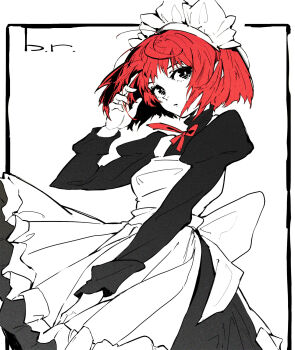 1girl apron bow bowtie dress highres hisui_(tsukihime) japanese_clothes long_sleeves maid maid_apron maid_headdress open_mouth puffy_sleeves red_bow red_bowtie red_hair rockmor short_hair solo tsukihime tsukihime_(remake) white_apron