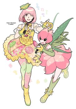 2girls asymmetrical_legwear bare_shoulders belt bob_cut boots character_charm character_name charm_(object) collared_shirt commentary crossover detached_sleeves digimon digimon_(creature) digimon_adventure dress fairy fingerless_gloves fingernails frilled_skirt frilled_sleeves frills full_body gloves green_boots green_sleeves green_thighhighs green_wings hashtag highres holding holding_microphone kamen_rider kamen_rider_ex-aid_(series) leaf_wings lilimon looking_at_viewer medium_hair microphone mighty_(kamen_rider_ex-aid) mismatched_legwear mole mole_under_eye monster_girl multicolored_thighhighs multiple_girls one_eye_closed open_mouth petals pink_dress pink_hair pink_skirt pink_thighhighs plant_girl poppi_pipopapo radio0of shirt short_sleeves simple_background singing skirt sleeveless standing standing_on_one_leg teeth thighhighs two-tone_thighhighs untranslatable_commentary upper_teeth_only white_background white_shirt wings yellow_belt yellow_boots yellow_gloves yellow_shirt