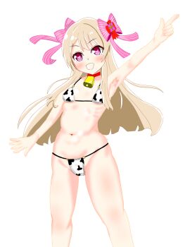 1girl animal_print arm_up bikini blonde_hair blush breasts chaos_marie_(grimms_notes) cow_print cow_print_bikini grimms_notes hair_ribbon highres looking_at_viewer mina37shun navel open_mouth pink_eyes pink_ribbon print_bikini ribbon small_breasts smile swimsuit transparent_background