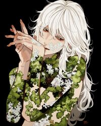 Rule 34 | 1boy, absurdres, black background, black eyes, closed mouth, fingernails, hands up, highres, kagoya1219, long hair, male focus, original, own hands together, sideways glance, signature, simple background, solo, topless male, upper body, white hair
