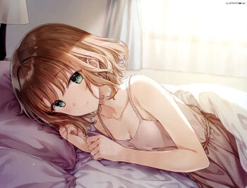 1girl absurdres armpit_crease artist_name bare_arms bed blanket breasts brown_hair cleavage closed_mouth collarbone curtains dengeki_moeoh dress green_eyes highres hiten_(hitenkei) indoors light_blush light_smile looking_at_viewer lying magazine_scan on_side original pink_dress scan short_hair sleeveless sleeveless_dress solo sunlight third-party_source under_covers wavy_hair