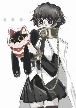 ... 1girl animal animal_in_clothes artist_name black_eyes black_hair blush cape cat chain character_name clothed_animal collar covered_mouth cowboy_shot crazy_eyes glasses highres holding holding_animal horns limbus_company looking_at_viewer necktie o1010_moon project_moon skirt solo sora_(project_moon) thighhighs thighs