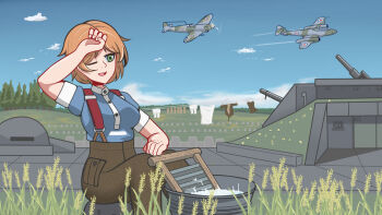 1girl aircraft airplane anti-aircraft anti-aircraft_gun blue_shirt blue_sky braces breasts brown_hair bunker buttons clothes_line cloud combat_helmet gloster_meteor green_eyes gun hand_over_eye helmet jet one_eye_closed original pants phenol_r pocket shirt short_hair sitting sky stahlhelm supermarine_spitfire tank_trap tub washing washing_rack weapon