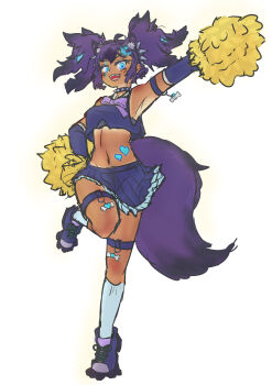 1girl absurdres alternate_costume animal_ears bare_shoulders blue_eyes bow bowtie cerberus_(kemono_friends) cheerleader collar crop_top daeq9jnikct2pc2 dog_ears dog_girl dog_tail extra_ears fangs frilled_skirt frills gloves highres kemono_friends midriff navel open_mouth pleated_skirt pom_pom_(clothes) purple_bow purple_bowtie purple_gloves purple_hair purple_shirt purple_shoes purple_skirt scar scar_across_eye scar_on_face shirt shoes short_twintails skirt sleeveless smile sneakers socks solo spiked_collar spikes standing standing_on_one_leg tail tan tanline thigh_strap twintails white_socks