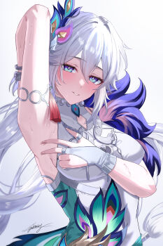 Rule 34 | 1girl, absurdres, arm up, armpits, blue eyes, breasts, commentary request, dress, highres, honkai: star rail, honkai (series), large breasts, long hair, looking at viewer, miya-chan (lightning0730), paid reward available, parted lips, peacock feathers hair ornament, presenting armpit, simple background, solo, very long hair, white background, white dress, white hair, yao guang (honkai: star rail)
