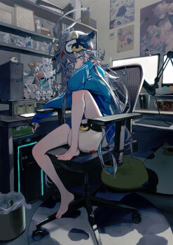 1girl absurdly_detailed_composition animal_ears animal_print barefoot blue_eyes blue_jacket bowl bukurote cellphone chair commentary_request computer computer_tower cow_ears cow_girl cow_horns cow_mask cow_print cup drinking_glass figure grey_hair hair_between_eyes highres holding holding_stylus horns jacket knee_up loaded_interior long_hair long_sleeves looking_at_viewer mask mask_on_head microphone monitor office_chair on_chair original phone puffy_long_sleeves puffy_sleeves sitting sleeves_past_wrists smile solo stylus swivel_chair symbol-shaped_pupils track_jacket trash_can very_long_hair x-shaped_pupils