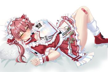 1girl 666girimekara absurdres apron bandaid bandaid_on_leg breasts cleavage closed_mouth commentary dress frilled_dress frills hair_ornament heterochromia highres hololive houshou_marine large_breasts looking_at_viewer lying maid maid_apron on_back red_eyes red_hair red_shoes shoes socks solo virtual_youtuber white_apron white_socks x_hair_ornament yellow_eyes