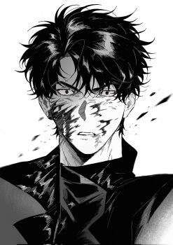 1boy black_coat black_hair black_shirt blood blood_on_face blood_splatter coat crew_neck curtained_hair greyscale highres looking_at_viewer male_focus monochrome omniscient_reader&#039;s_viewpoint open_clothes open_coat owlaoao parted_lips popped_collar portrait shirt short_hair solo wide-eyed yoo_joonghyuk