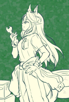 1girl animal_ears closed_mouth from_side gloves green_background hair_between_eyes hand_on_own_hip holding horse_ears horse_girl horse_tail jumpsuit jumpsuit_around_waist long_hair mauve profile shirt short_sleeves simple_background smile solo symboli_rudolf_(umamusume) tail umamusume very_long_hair wrench