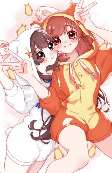 2girls animal_ears animal_hood arm_up arms_up bear_ears bear_hood black_hair blue_eyes blush brown_eyes brown_hair buttons cheek-to-cheek commentary cowboy_shot crab_hood double_v drawstring fake_animal_ears grin hand_up heads_together highres hirake_goma hood hood_up kagura_hikari long_hair looking_at_viewer lying medium_hair multiple_girls nose_blush official_alternate_costume on_back on_side orange_pajamas orange_shorts pajamas parted_lips pink_background shorts shoujo_kageki_revue_starlight shoujo_kageki_revue_starlight_-re_live- side-by-side smile three-quarter_sleeves tsuyuzaki_mahiru two-tone_background two-tone_pajamas two-tone_shorts v very_long_hair white_background white_shorts yellow_pajamas yellow_shorts