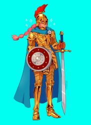 Rule 34 | 1girl, armor, artist name, blue background, bubblu, cape, commentary, english commentary, full body, gladiator, gold armor, gold helmet, helmet, highres, holding, holding shield, holding sword, holding weapon, looking at viewer, one piece, pink hair, ponytail, rebecca (one piece), shield, sidelocks, simple background, solo, sparkle, sword, weapon