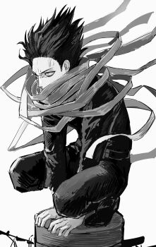 0x0x0x_ox 1boy absurdres aizawa_shota barbed_wire boku_no_hero_academia covered_mouth floating_hair greyscale highres long_sleeves looking_ahead male_focus medium_sideburns monochrome pants shoes short_hair solo squatting superhero_costume white_background