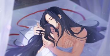 2boys 8083_blue black_hair chest_tattoo collarbone commentary_request kiss lan_wangji light_particles long_hair lying male_focus modao_zushi multiple_boys on_back parted_lips pillow short_hair tattoo very_long_hair wei_wuxian yaoi