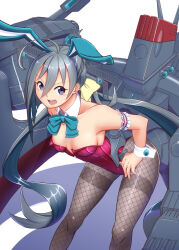Rule 34 | 1girl, adapted costume, ahoge, animal ears, aqua bow, aqua bowtie, bow, bowtie, breasts, detached collar, fake animal ears, feet out of frame, fishnet pantyhose, fishnets, grey eyes, grey hair, grey pantyhose, hair between eyes, hair bun, hair ribbon, kantai collection, kiyoshimo (kancolle), leaning forward, leotard, long hair, low twintails, machinery, moke ro, pantyhose, playboy bunny, purple leotard, rabbit ears, ribbon, simple background, single hair bun, small breasts, solo, strapless, strapless leotard, thighband pantyhose, twintails, white background, wrist cuffs, yellow ribbon