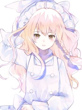 1girl alternate_color blonde_hair bow braid closed_mouth commentary_request hair_bow hat hat_bow highres kirisame_marisa long_hair long_sleeves looking_at_viewer minatsuki_yurara side_braid simple_background single_braid smile solo touhou vest white_background white_bow white_hat white_vest wide_sleeves witch_hat yellow_eyes