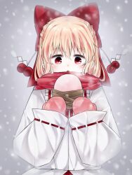 Rule 34 | 1girl, :o, blonde hair, bow, commentary request, hair bow, highres, holding, long sleeves, mittens, open mouth, outdoors, pink mittens, puffy sleeves, red bow, red eyes, red scarf, red skirt, ribbon-trimmed sleeves, ribbon trim, satsuki rin, scarf, shirt, short hair, skirt, snowing, soooooook2, touhou, white shirt