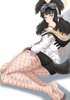 Rule 34 | 1girl, animal ears, black hair, blue archive, blue eyes, commentary request, dog ears, dog girl, dog tail, engineering department (blue archive), fishnet pantyhose, fishnet thighhighs, fishnets, goggles, goggles on head, hibiki (blue archive), highres, long hair, looking at viewer, pantyhose, runate, solo, tail, thighhighs