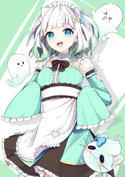 Rule 34 | 1girl, :d, apron, artist name, black bow, black bowtie, black skirt, blue bow, blue eyes, bow, bowtie, breasts, cowboy shot, detached collar, detached sleeves, frilled apron, frilled sleeves, frills, ghost, gradient hair, green background, green hair, green shirt, green sleeves, hair ornament, highres, indie virtual youtuber, m kasuk601, maid, maid headdress, medium breasts, mint fantome, mint fantome (minto 2.0), multicolored hair, open mouth, shirt, skirt, sleeve garter, smile, solo, standing, teeth, triangular headpiece, two-tone background, upper teeth only, very long sleeves, virtual youtuber, waist apron, white background, white hair, wide sleeves, x hair ornament