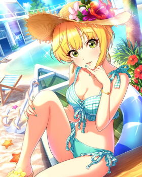 1girl anchor bikini blonde_hair boat bracelet breasts building card_(medium) chair cleavage cloud earrings flower game_cg green_eyes hat idolmaster idolmaster_cinderella_girls innertube jewelry leaf miyamoto_frederica nail_polish navel official_art open_mouth sand sitting solo starfish sunlight swim_ring swimsuit tree water watercraft