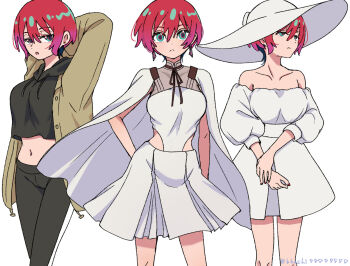 1girl amate_yuzuriha aqua_eyes arms_behind_head bare_shoulders bhachi88888888 black_hoodie black_leggings breasts brown_jacket cape closed_mouth commentary_request cosplay cropped_hoodie dress earrings feet_out_of_frame fingernails gigi_andalusia gigi_andalusia_(cosplay) gundam gundam_gquuuuuux gundam_hathaway's_flash hair_between_eyes hand_on_own_wrist hat highres hood hoodie jacket jewelry large_breasts leggings looking_at_viewer looking_to_the_side midriff multiple_views nail_polish navel off-shoulder_dress off_shoulder open_clothes open_jacket open_mouth red_hair red_nails short_hair simple_background skirt standing sun_hat twitter_username white_background white_cape white_dress white_hat white_skirt