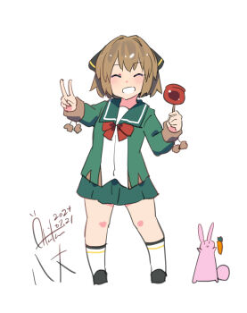 Rule 34 | 1girl, absurdres, black footwear, black ribbon, blush, brown hair, candy, candy apple, carrot, character name, closed eyes, dated, food, green jacket, green sailor collar, green skirt, hachijou (kancolle), hair ribbon, highres, holding, holding candy, holding food, inica, jacket, kantai collection, neck ribbon, one-hour drawing challenge, pleated skirt, pom pom (clothes), rabbit, red ribbon, ribbon, sailor collar, school uniform, serafuku, short hair, signature, skirt, smile, socks, v, white background, white socks