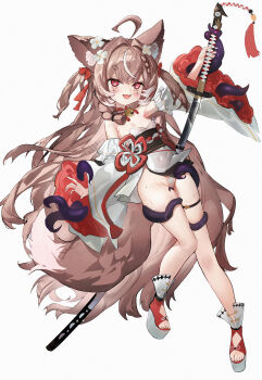 1girl absurdres animal_ears bandaid bandaid_on_pussy breasts brown_hair cat_girl fang flower highres holding holding_sword holding_weapon indie_virtual_youtuber japanese_clothes miko mocha-tan_(character) mole multicolored_hair multiple_moles quandoo red_eyes small_breasts sword tentacles two-tone_hair virtual_youtuber weapon