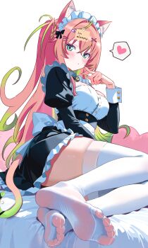 1girl absurdres alternate_costume animal_ear_fluff animal_ears bell black_bow black_dress black_nails bow breasts cat_ears cat_girl cat_tail chromashift commentary_request dress enmaided framed_breasts frilled_dress frills green_eyes green_streaks hair_bow hair_ornament hairclip heart heart-shaped_pillow highres jingle_bell juliet_sleeves kyoichi large_breasts long_hair long_sleeves looking_at_viewer maid maid_headdress mia_melonya neck_bell no_shoes note_on_head parted_lips pillow pink_hair puffy_sleeves simple_background sitting solo speech_bubble spoken_heart sticky_note tail thighhighs toes virtual_youtuber white_background white_headdress white_thighhighs x_hair_ornament