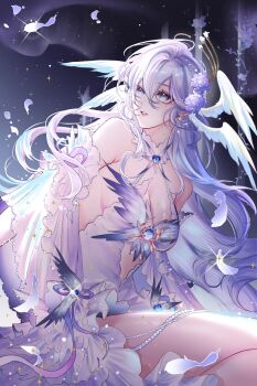 1girl absurdres alternate_costume astercatto bare_shoulders breasts cleavage detached_sleeves dress falling_feathers feathers floating_hair flower hair_between_eyes hair_flower hair_ornament halo head_wings highres honkai:_star_rail honkai_(series) large_breasts long_hair long_sleeves looking_up multiple_wings parted_lips purple_dress purple_hair robin_(honkai:_star_rail) sideboob solo thighs very_long_hair white_wings wings