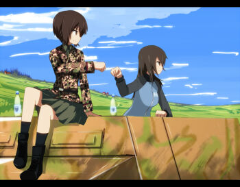 2girls ankle_boots ankle_socks belt black_belt black_socks blue_jacket blue_sky boots bottle breasts brown_eyes brown_hair camouflage camouflage_jacket clenched_hands commentary_request cross full_body girls_und_panzer green_skirt iron_cross jacket keizoku_military_uniform kuromorimine_military_uniform large_breasts long_hair long_sleeves looking_to_the_side mika_(girls_und_panzer) military military_jacket military_uniform military_vehicle multiple_girls nishizumi_maho oshiru_(sealeu) partial_commentary plain pleated_skirt raglan_sleeves short_hair skirt sky smile socks track_jacket upper_body water_bottle